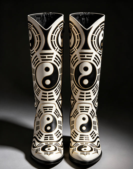 Tai Chi Embroidered Leather Knee-High Boots